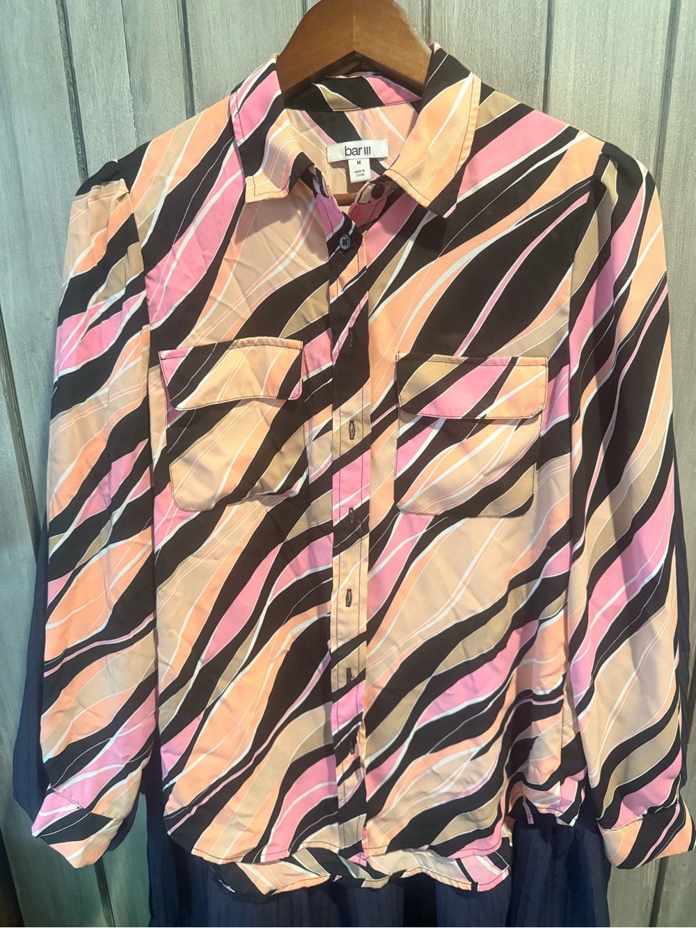 bar III Pink & Peach Wave-Print Button-Up Women's Top